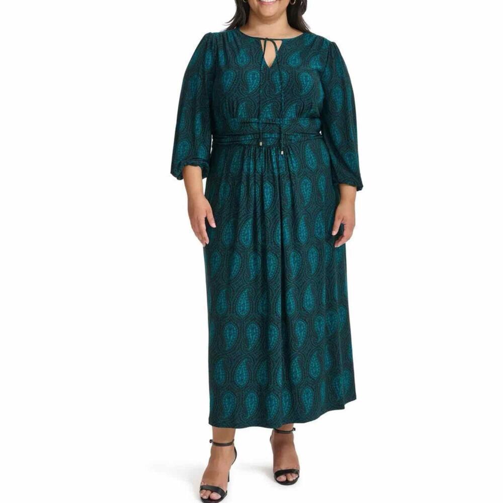 Tommy Hilfiger Tie-Neck Ruched-Waist Midi Dress Size 14 Stretch